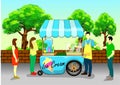 street food cart.Ice cream kiosk store mockup. Vector. Ice cream seller with male and female characters